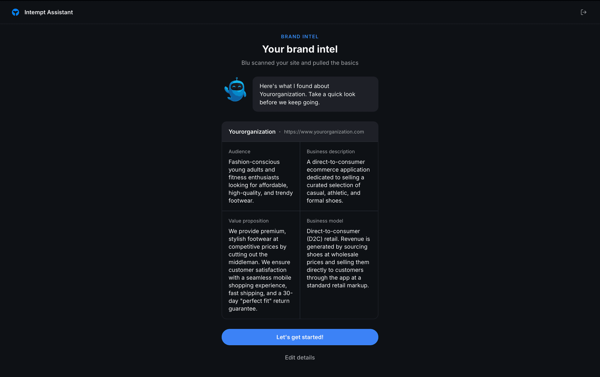 brand intel screen four fields loaded - onboarding workspace setup - Intempt documentation