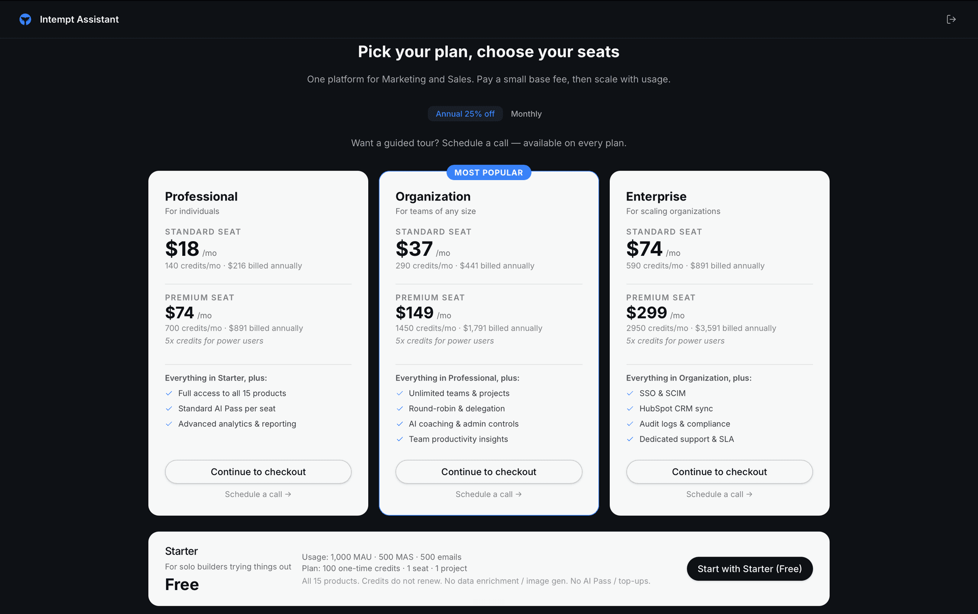 pricing screen toggle plan cards - onboarding workspace setup - Intempt documentation