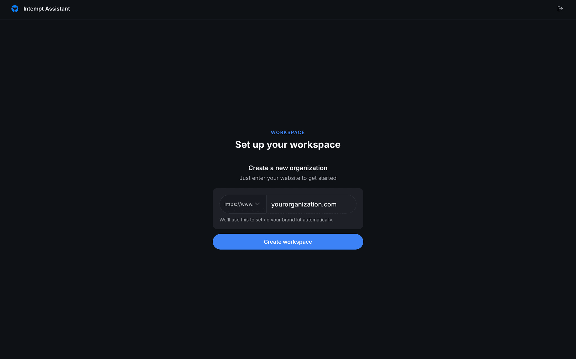workspace screen create organization form - onboarding workspace setup - Intempt documentation