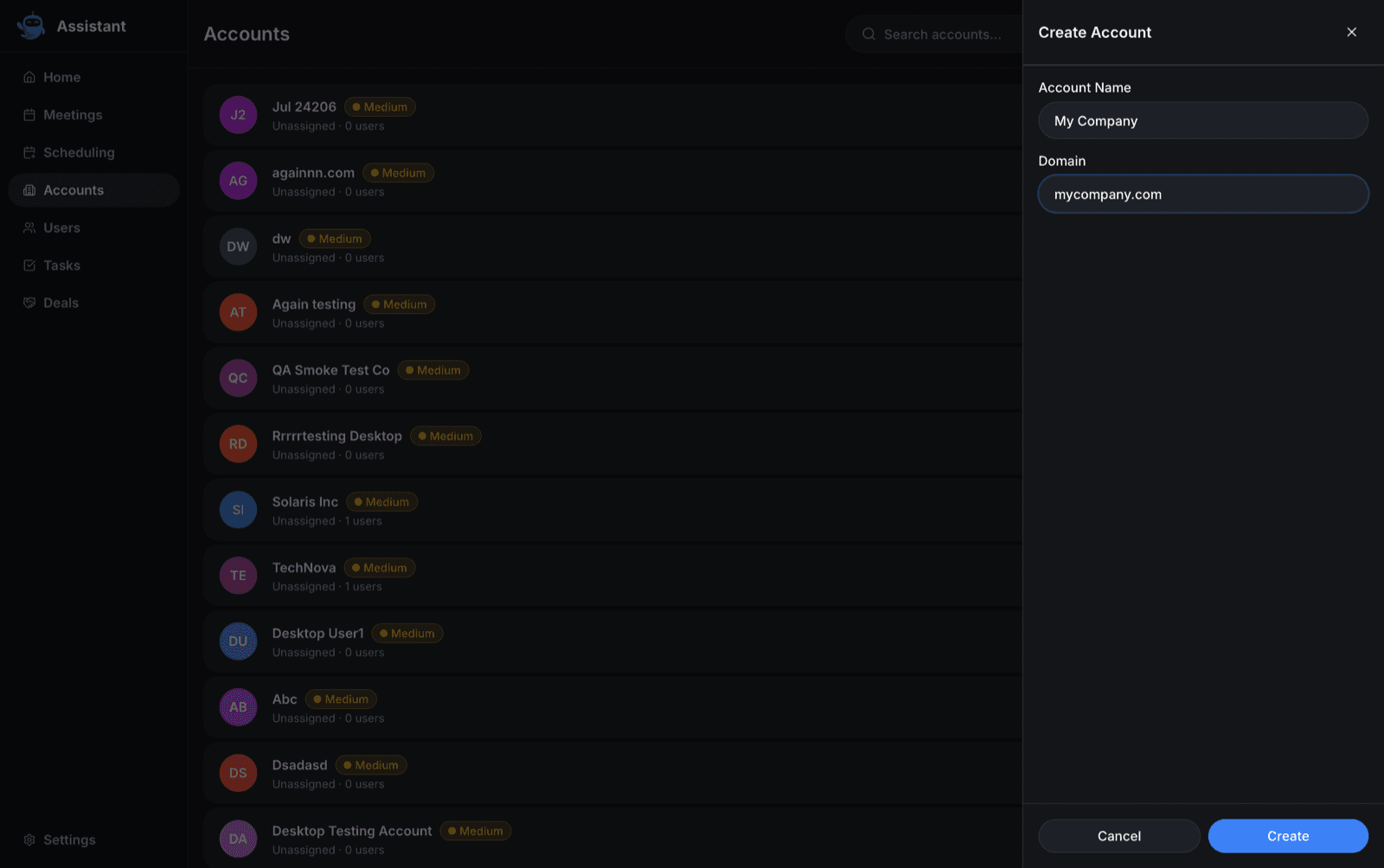 create account drawer fields filled - viewing user accounts on desktop - Intempt documentation