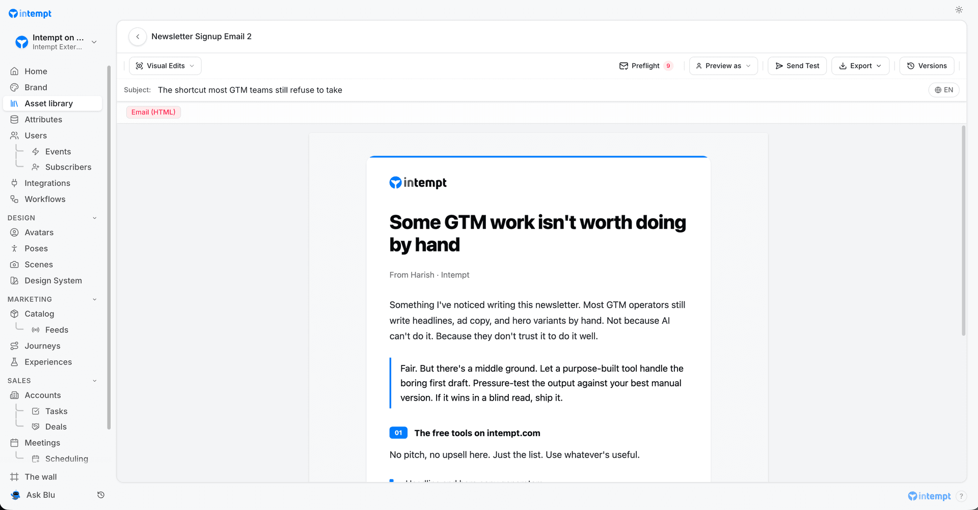 email html editor toolbar preflight versions - blu in content builder and creative studio - Intempt documentation