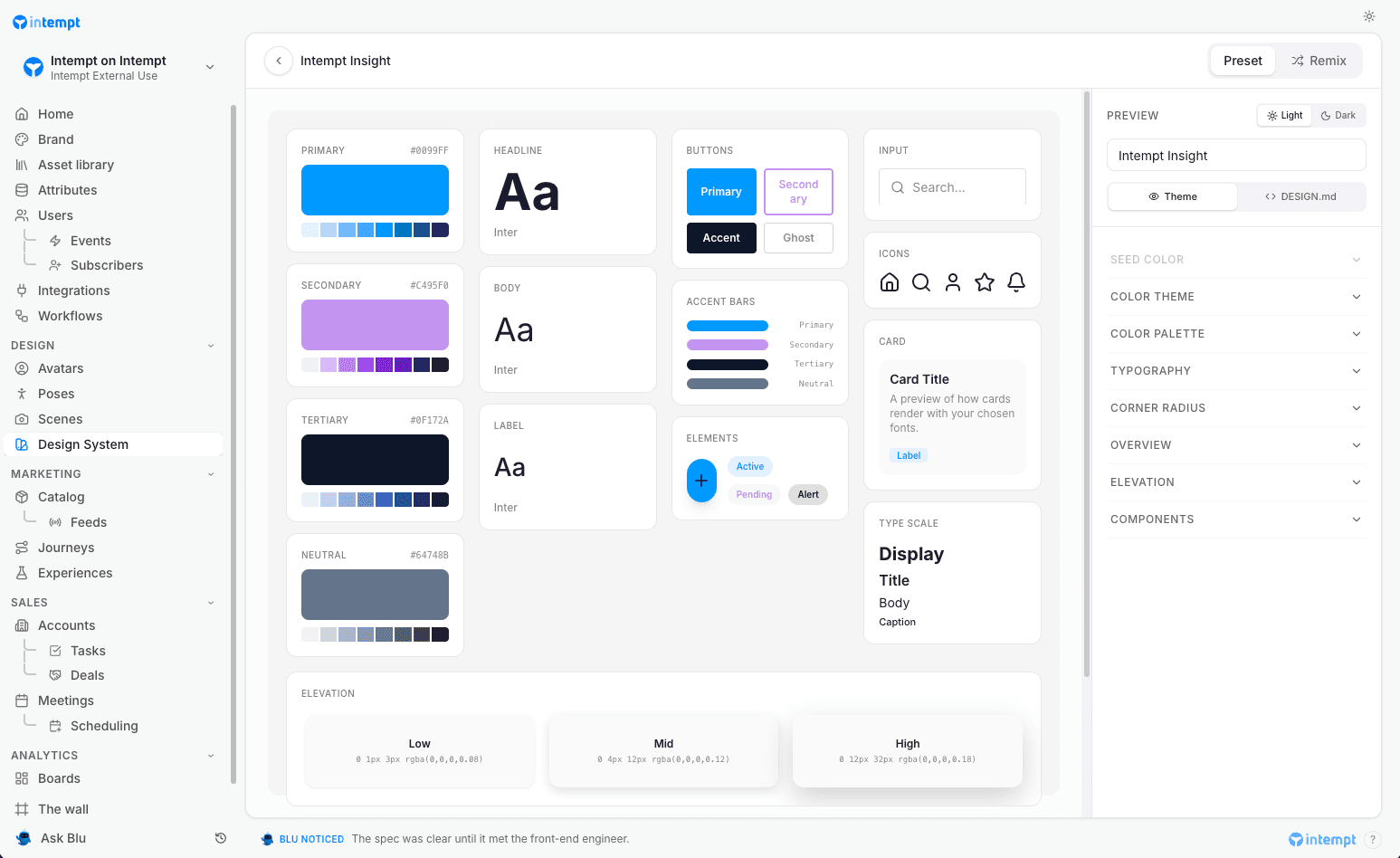 design system editor colors typography components preview - generating brand assets with blu - Intempt documentation