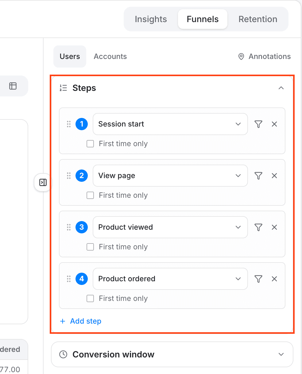 funnel steps panel highlighted - creating a funnel report - Intempt documentation