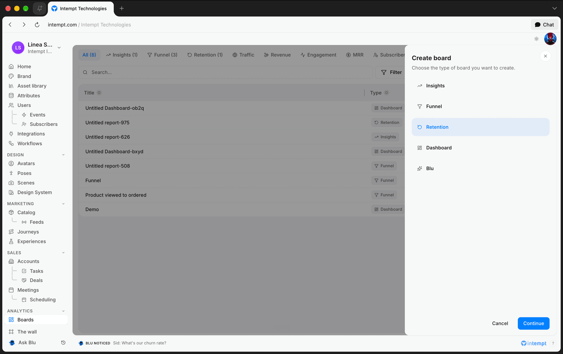 create board picker retention selected 5 oct 2026 - creating a retention report - Intempt documentation