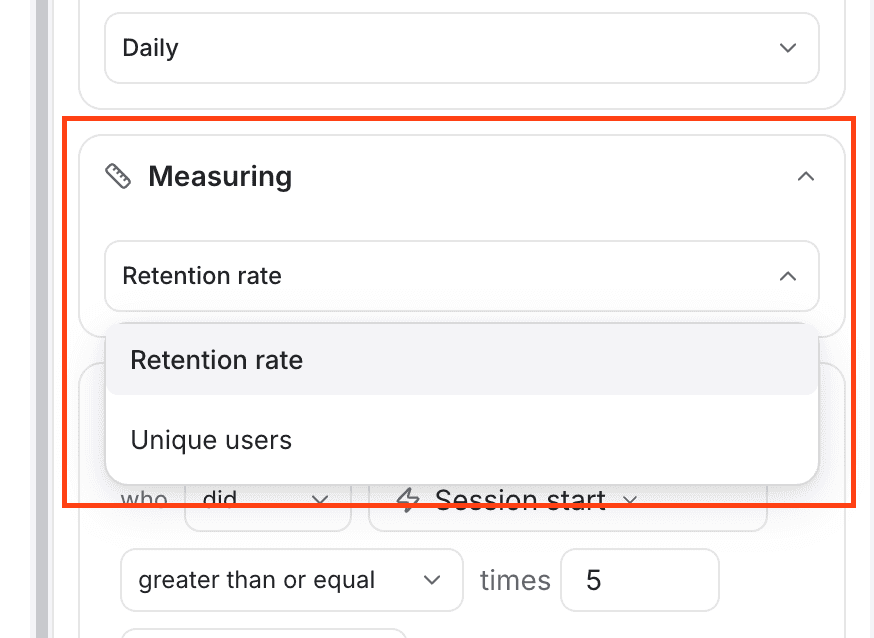 measuring retention rate unique users - creating a retention report - Intempt documentation