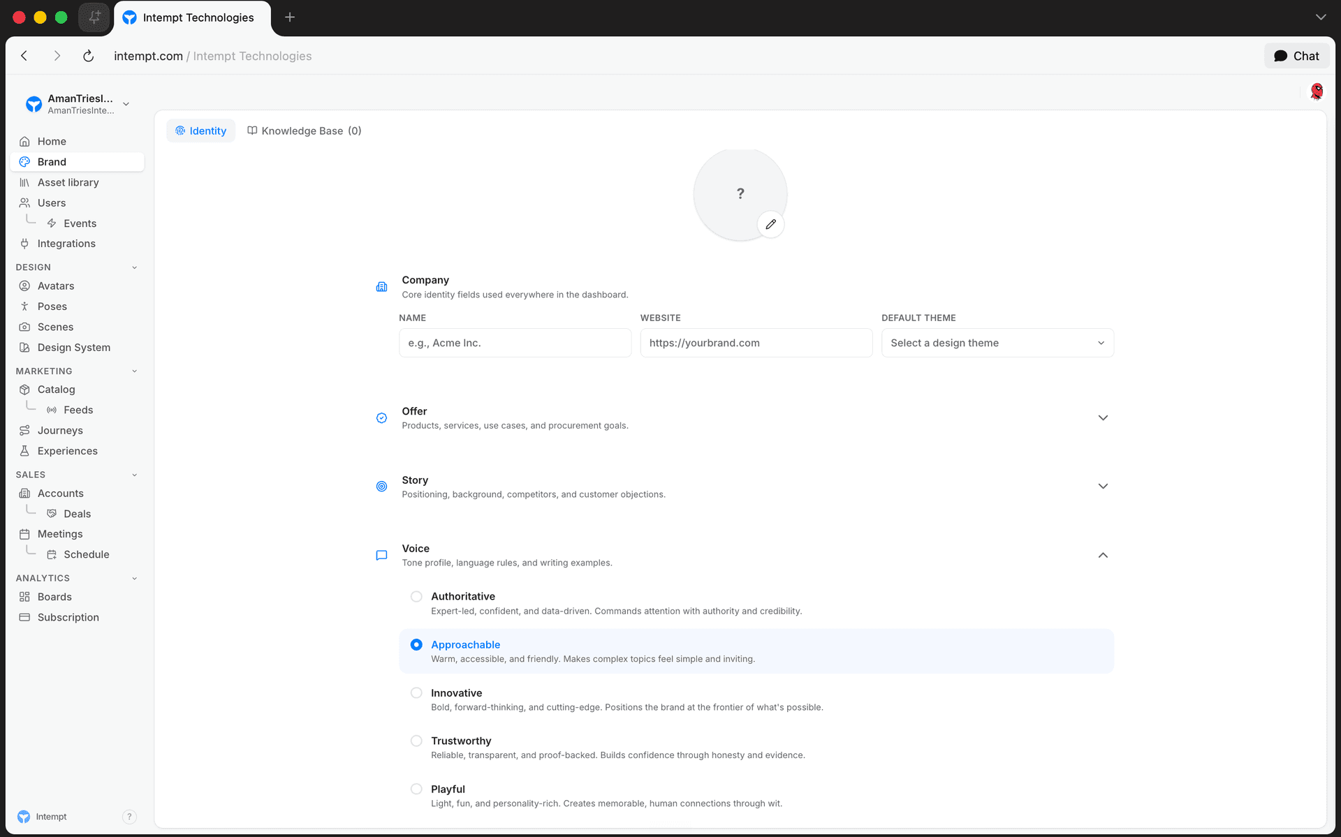 identity company brand voice tiles - brand enforcement across channels - Intempt documentation
