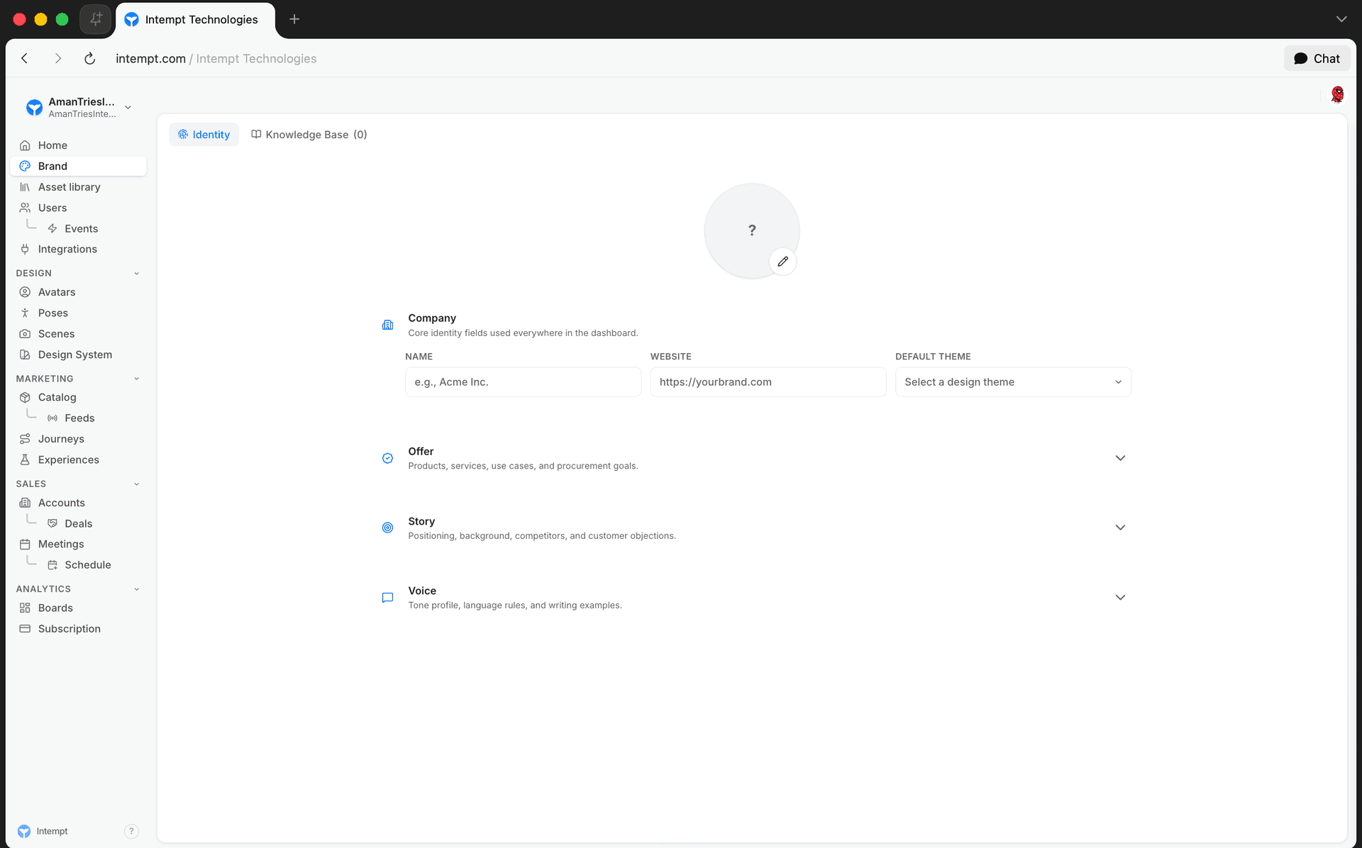 brand identity knowledge base tabs - brand kit overview - Intempt documentation