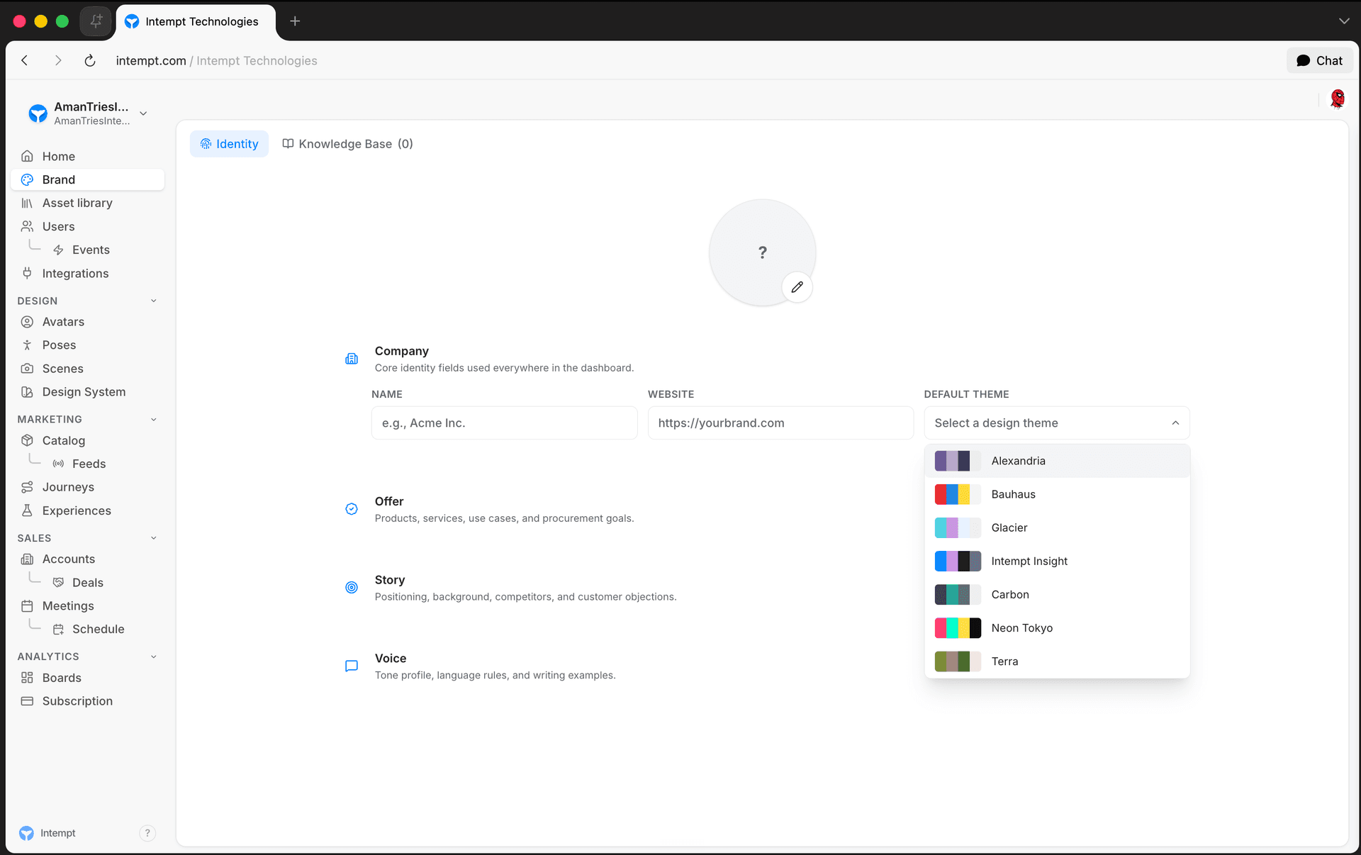 default theme dropdown open - logo and asset management - Intempt documentation