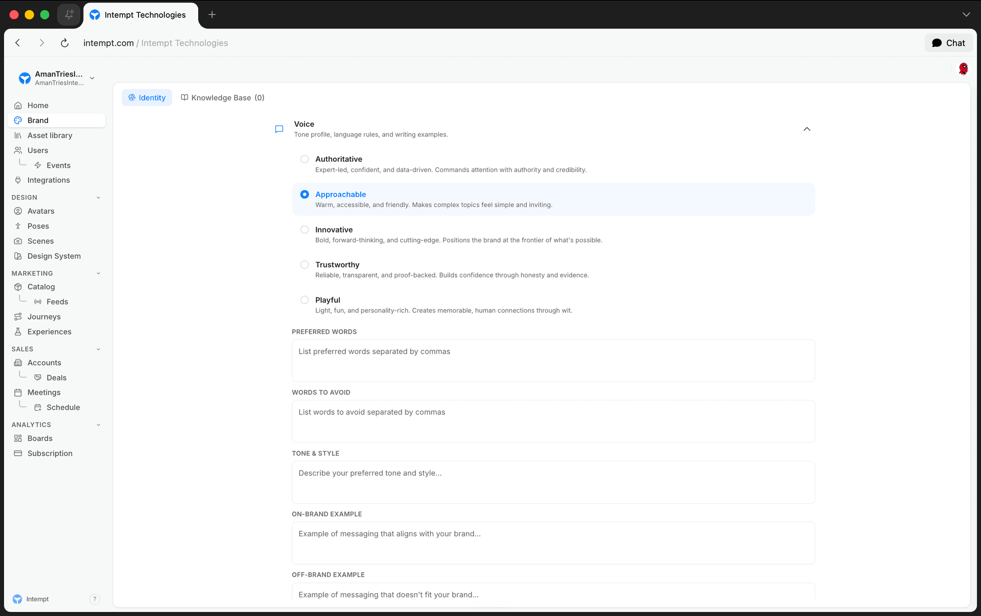 voice section personality selected - setting up brand kit - Intempt documentation