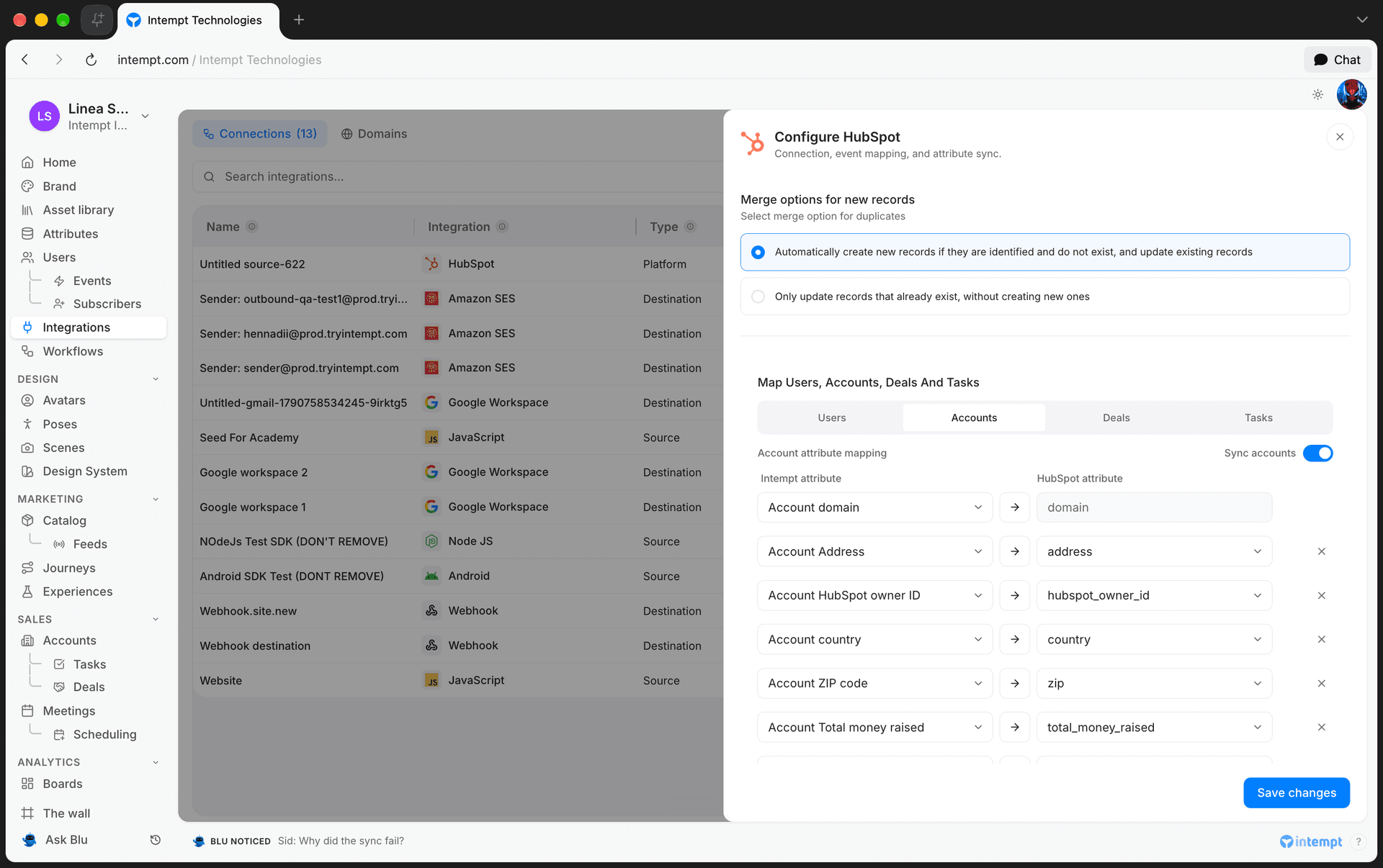 hubspot accounts mapping sync toggle 6 oct 2026 - crm integration - Intempt documentation