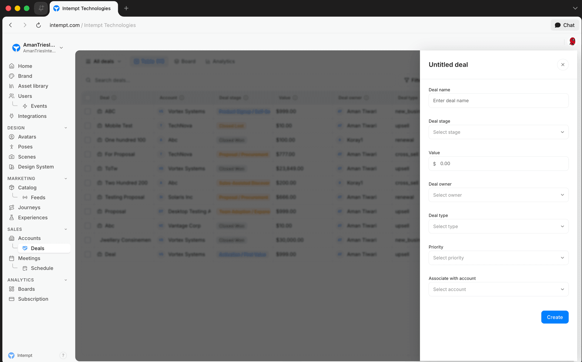 deals page create deal side panel - setting up your pipeline - Intempt documentation