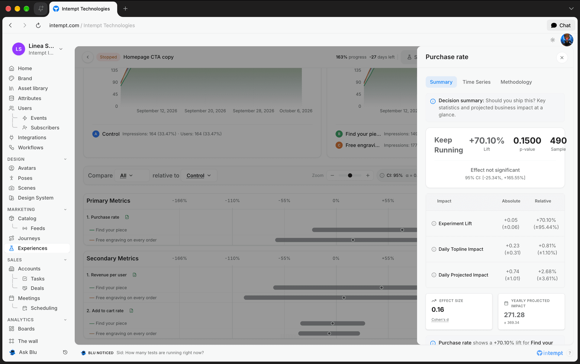 metric detail summary keep running 6 oct 2026 - experiment analytics - Intempt documentation