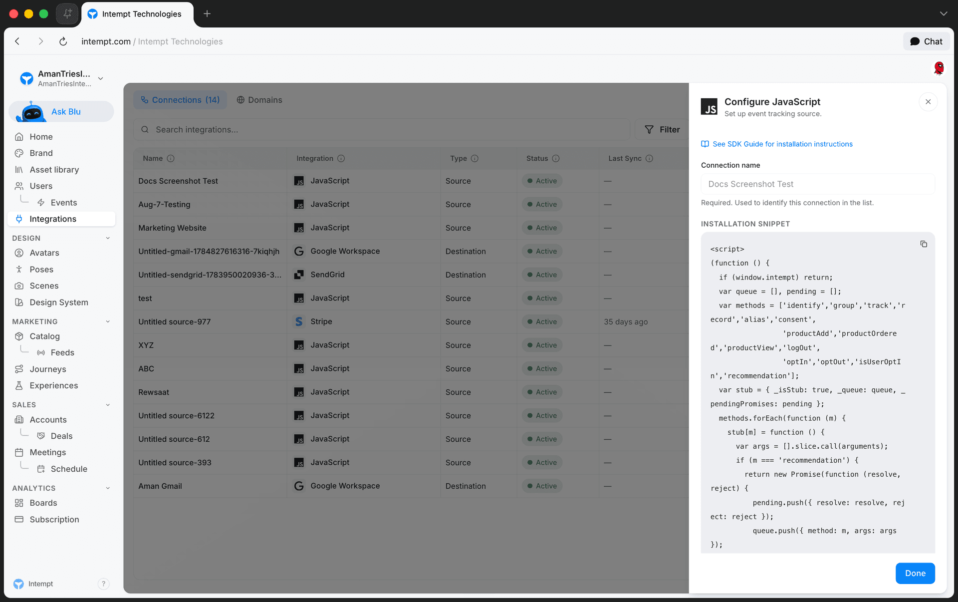 add integration javascript connect panel installation snippet - identifying users across sessions - Intempt documentation