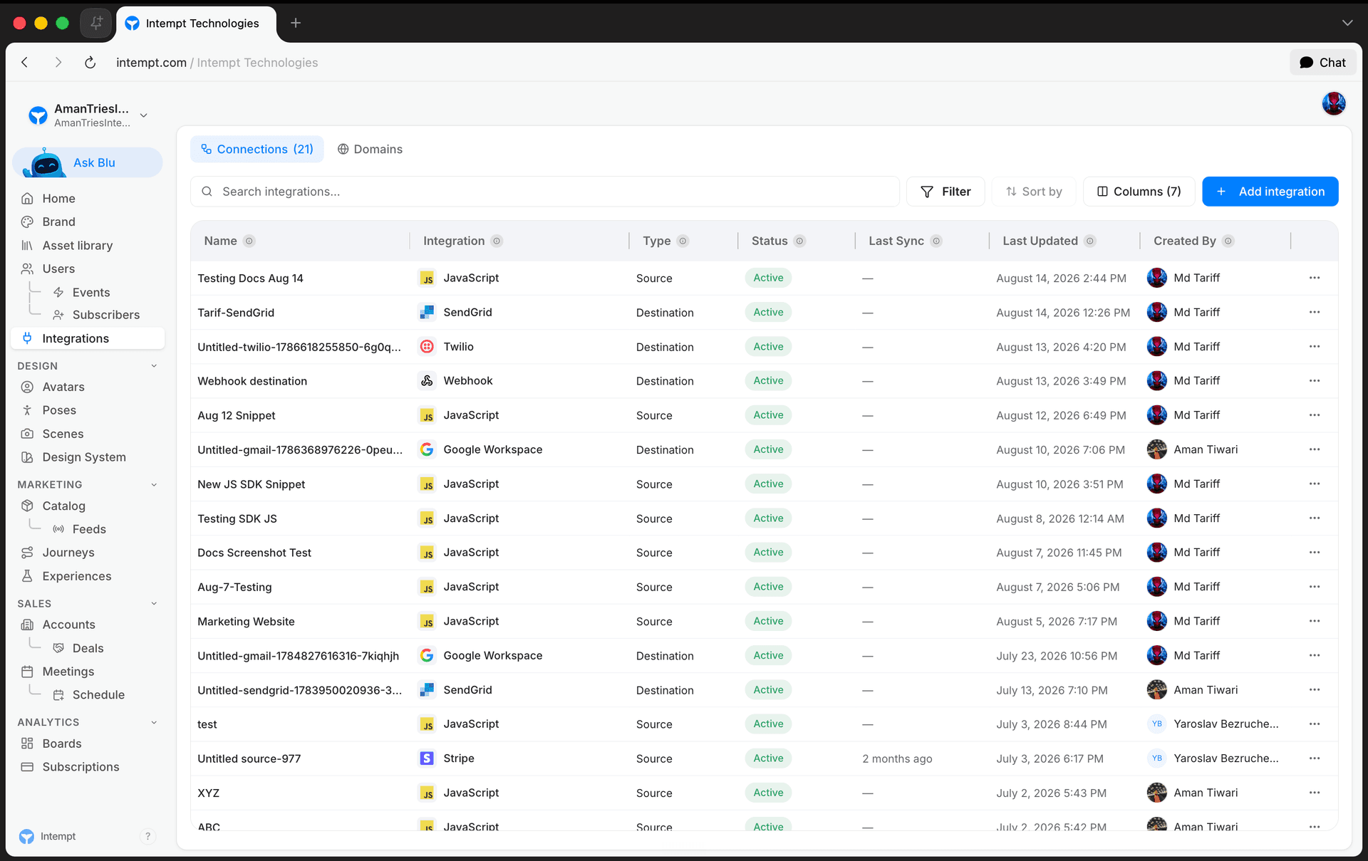 integrations connections tab table add integration - sources - Intempt documentation
