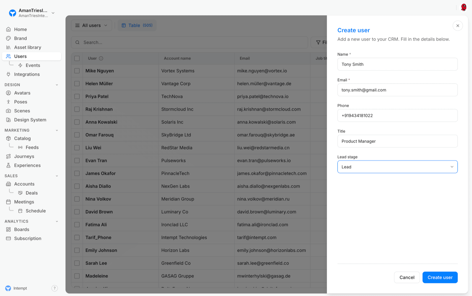 create user form fields filled - users overview - Intempt documentation