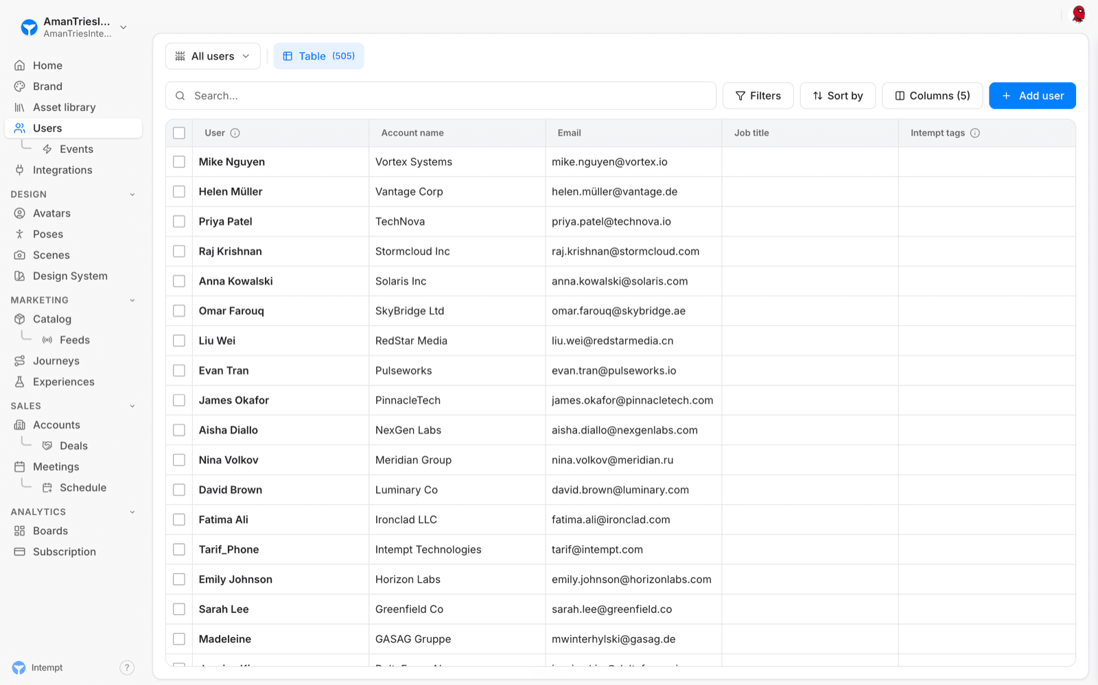 users list table toolbar - users overview - Intempt documentation