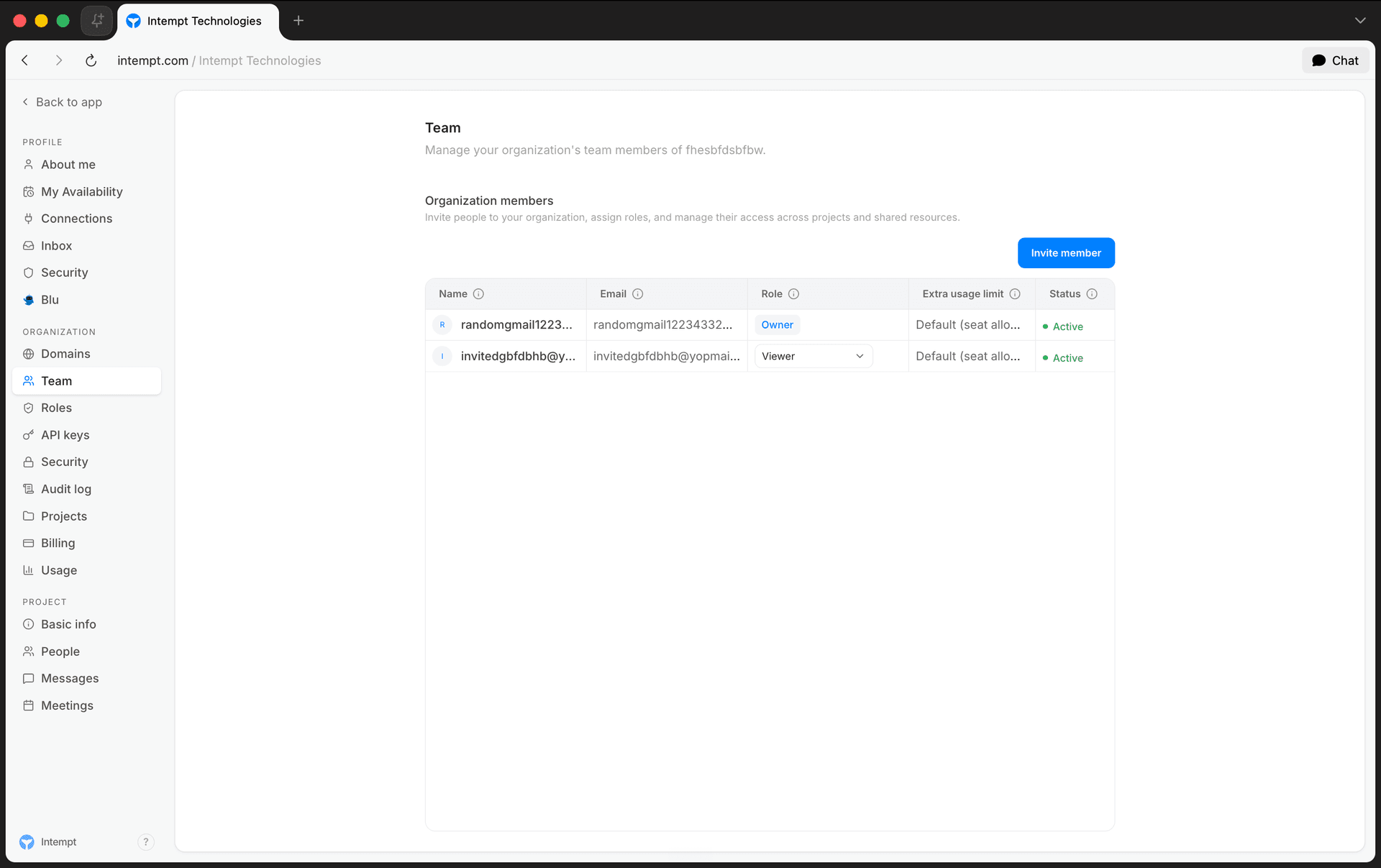 team tab member table invite button - access management - Intempt documentation