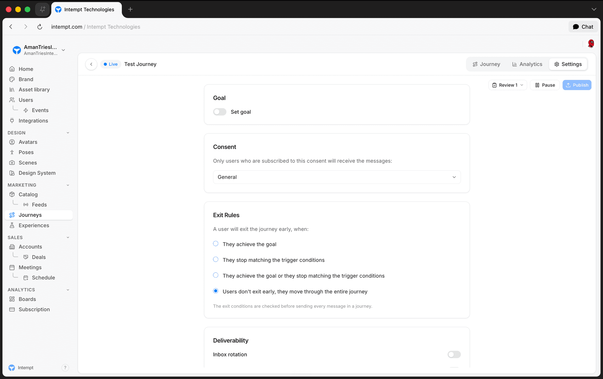 journey settings consent card - consents - Intempt documentation