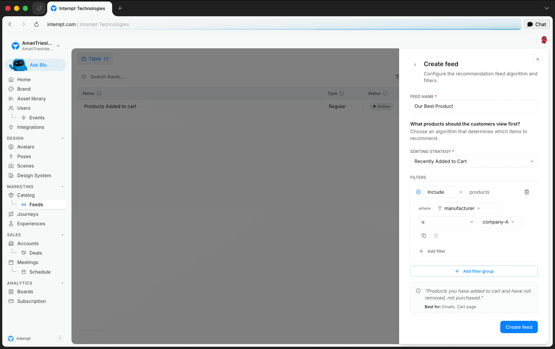 create feed panel algorithm selected info card - setting up product recommendations - Intempt documentation