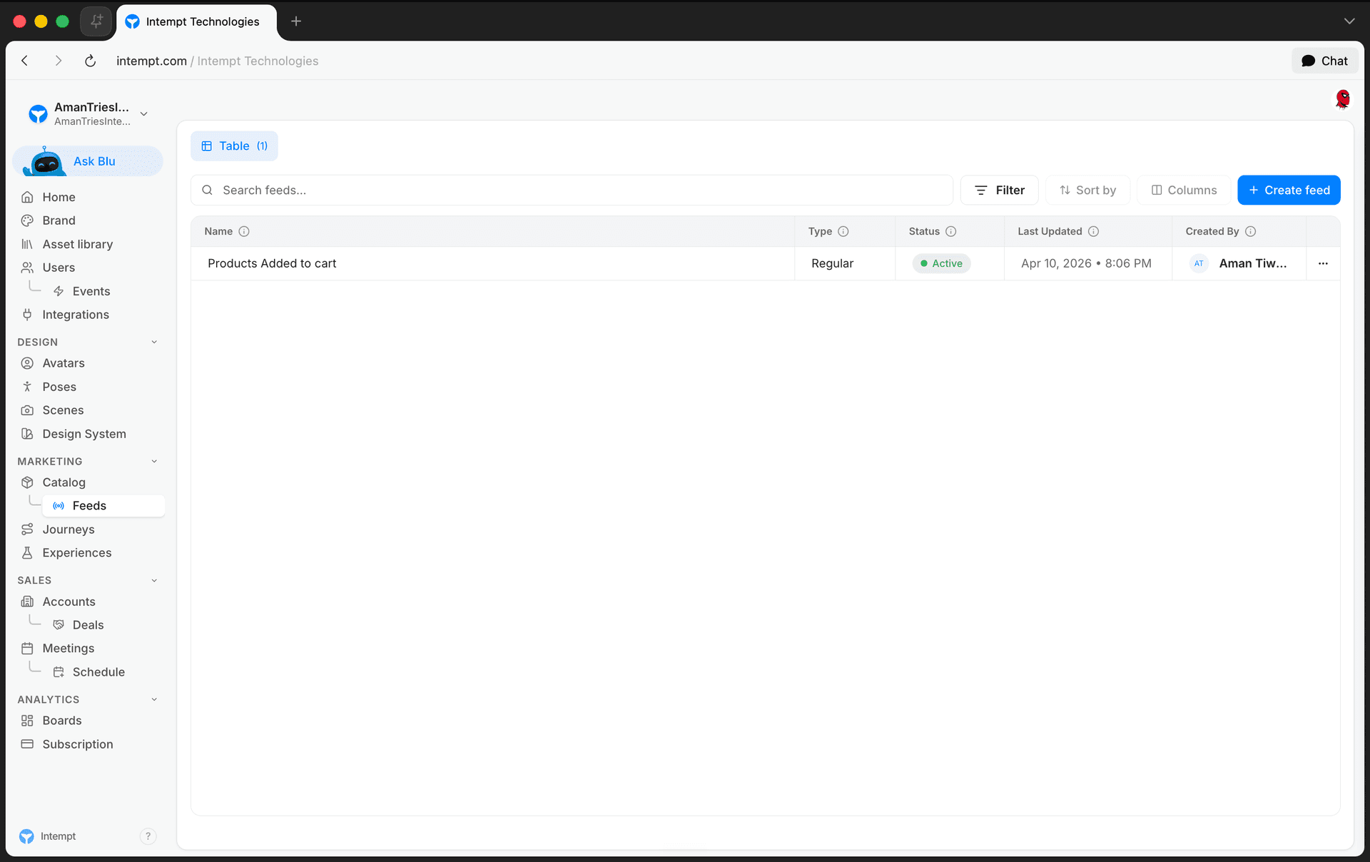feeds page list create feed button - setting up product recommendations - Intempt documentation