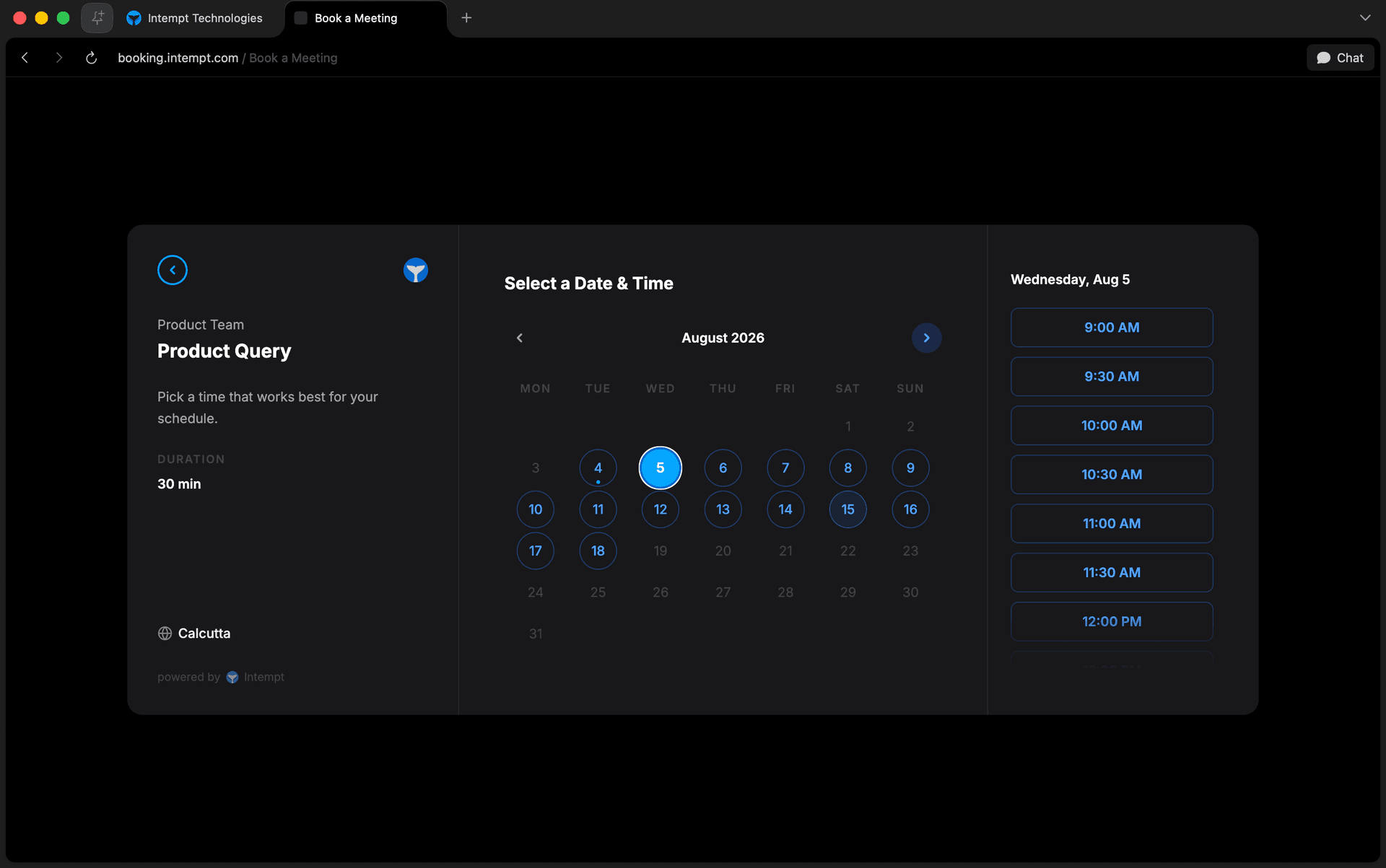 public booking page calendar time slots - scheduling overview - Intempt documentation
