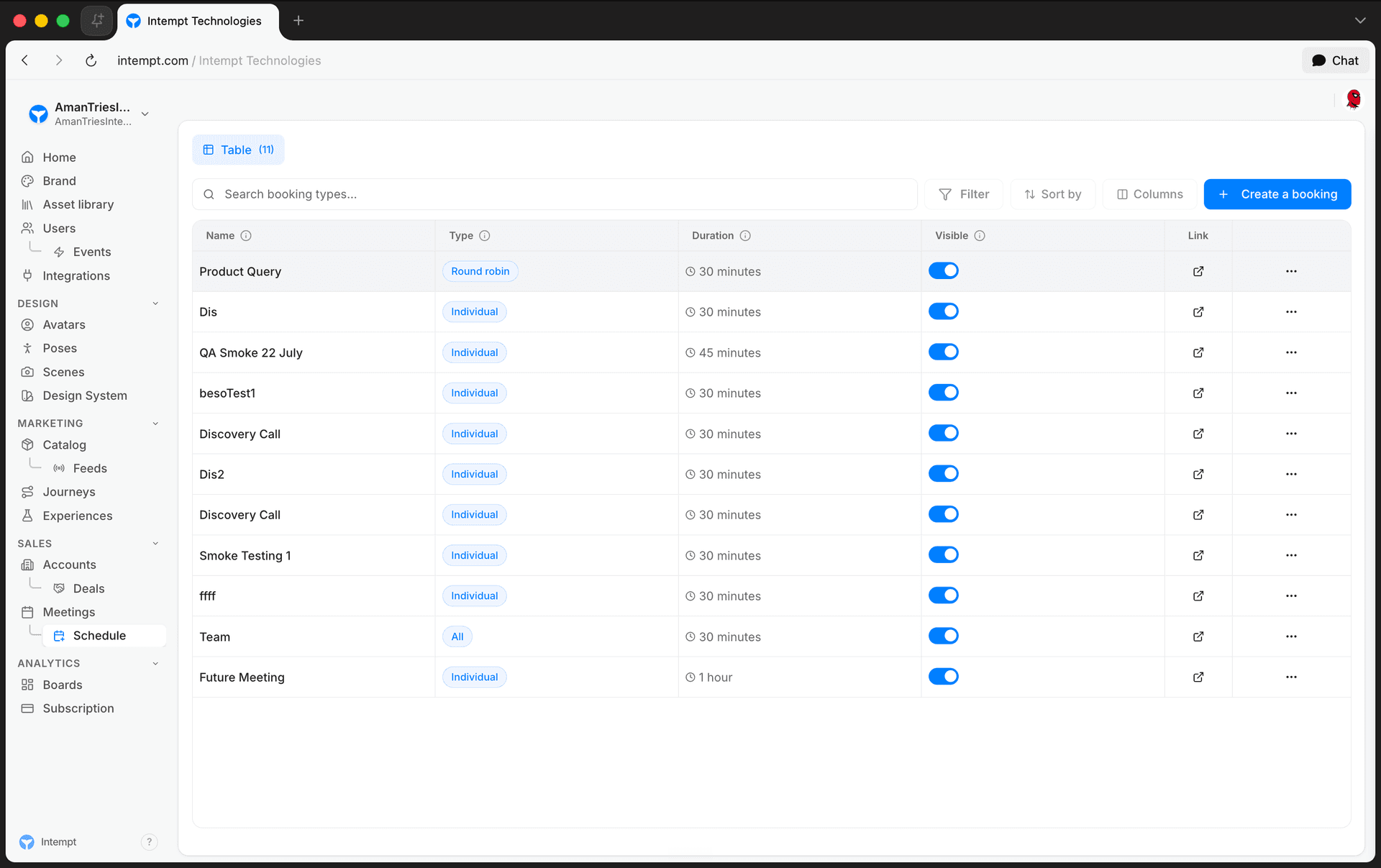 schedule page meeting types list - scheduling overview - Intempt documentation