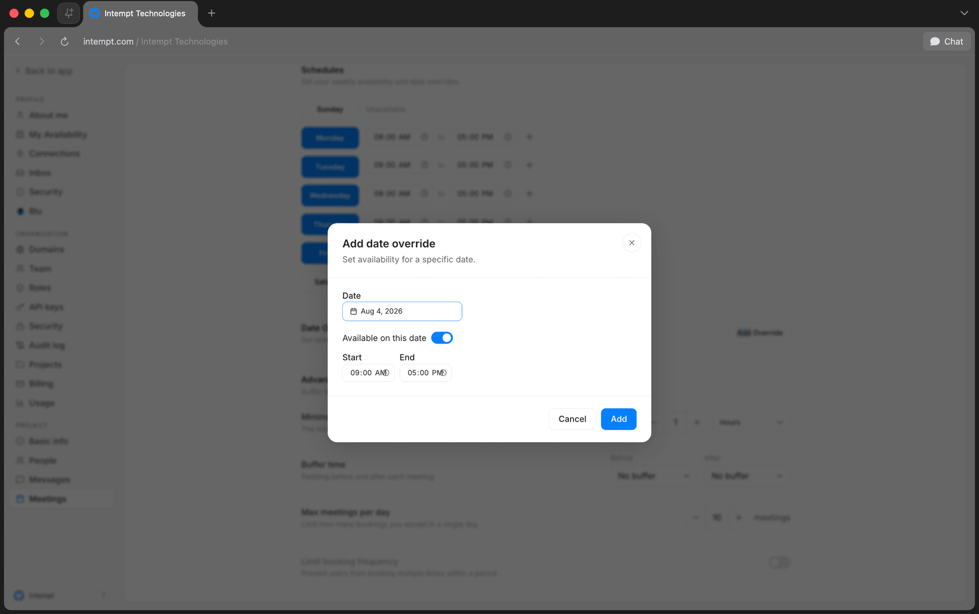 add date override sheet - scheduling rules availability - Intempt documentation