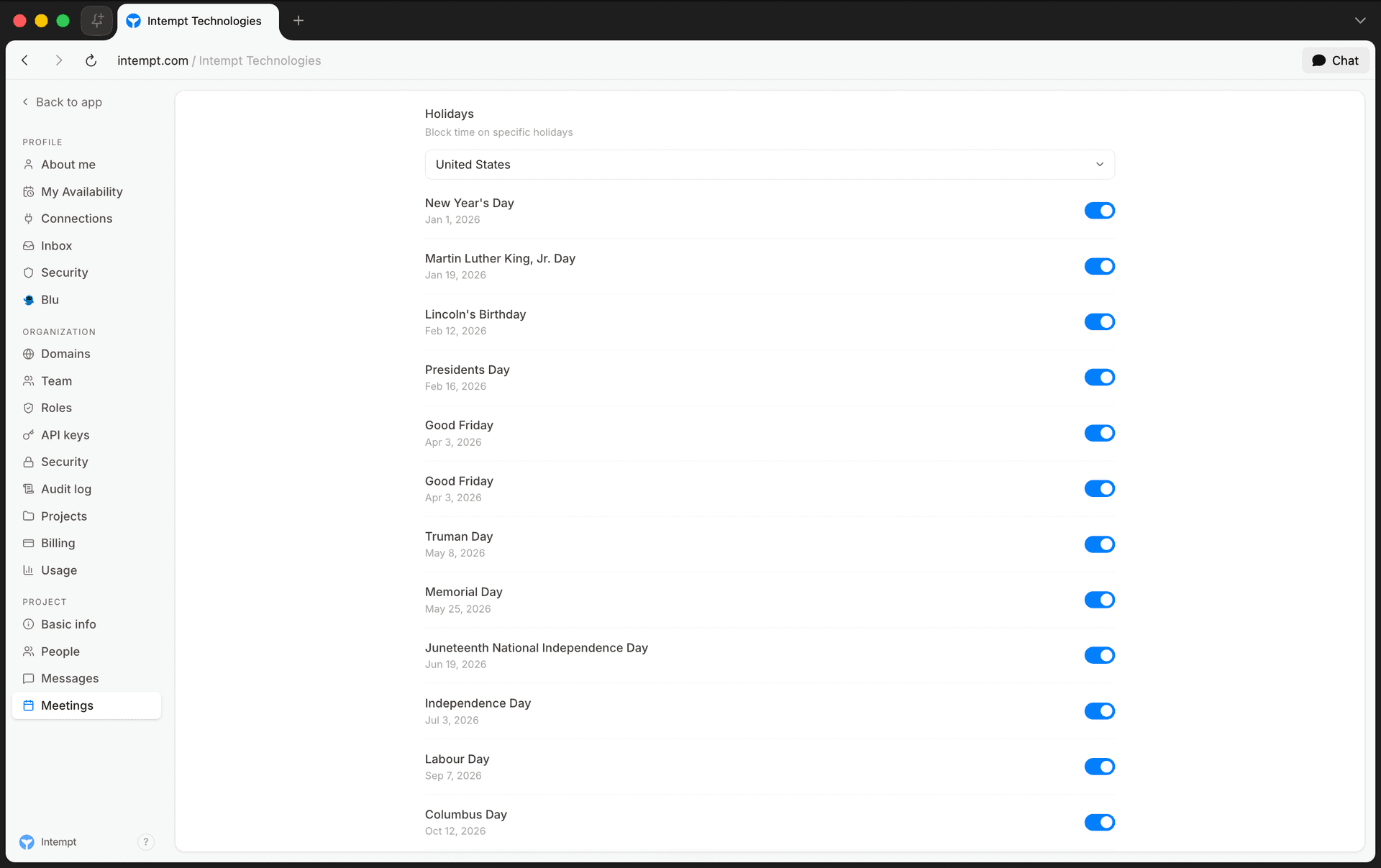 booking tab holidays card - scheduling rules availability - Intempt documentation