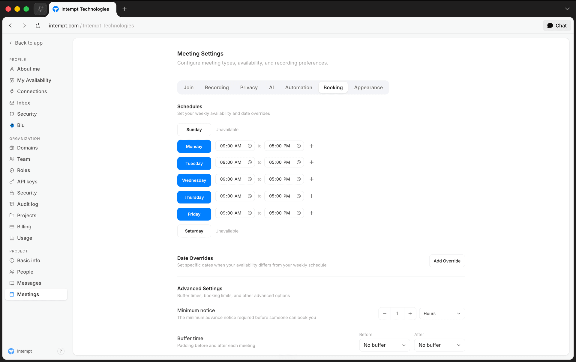 booking tab schedules advanced settings - scheduling rules availability - Intempt documentation