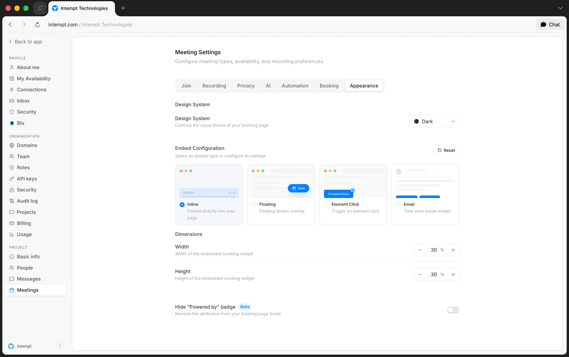 appearance design system embed config - setting up your booking page - Intempt documentation