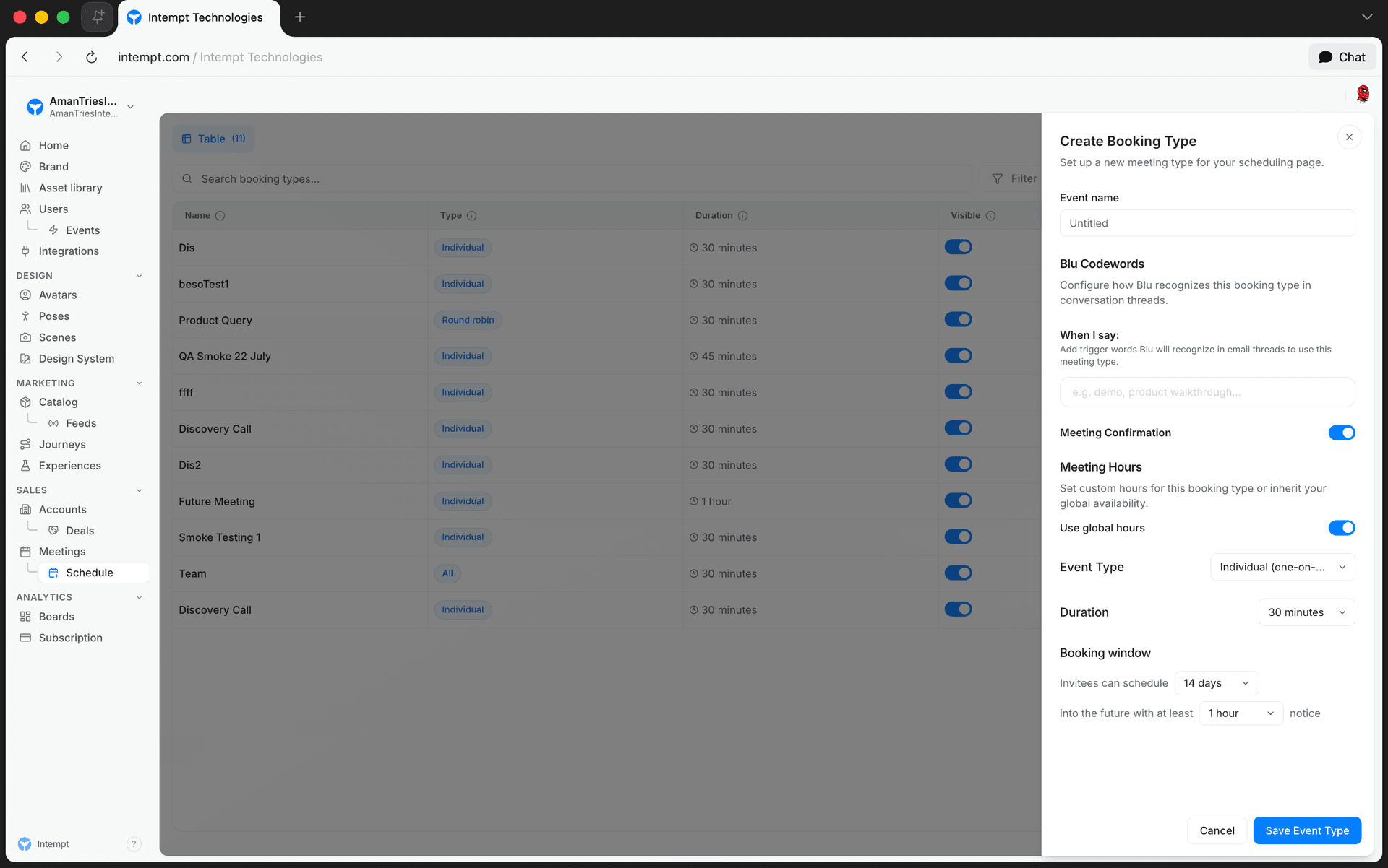 create booking type sidebar - setting up your booking page - Intempt documentation