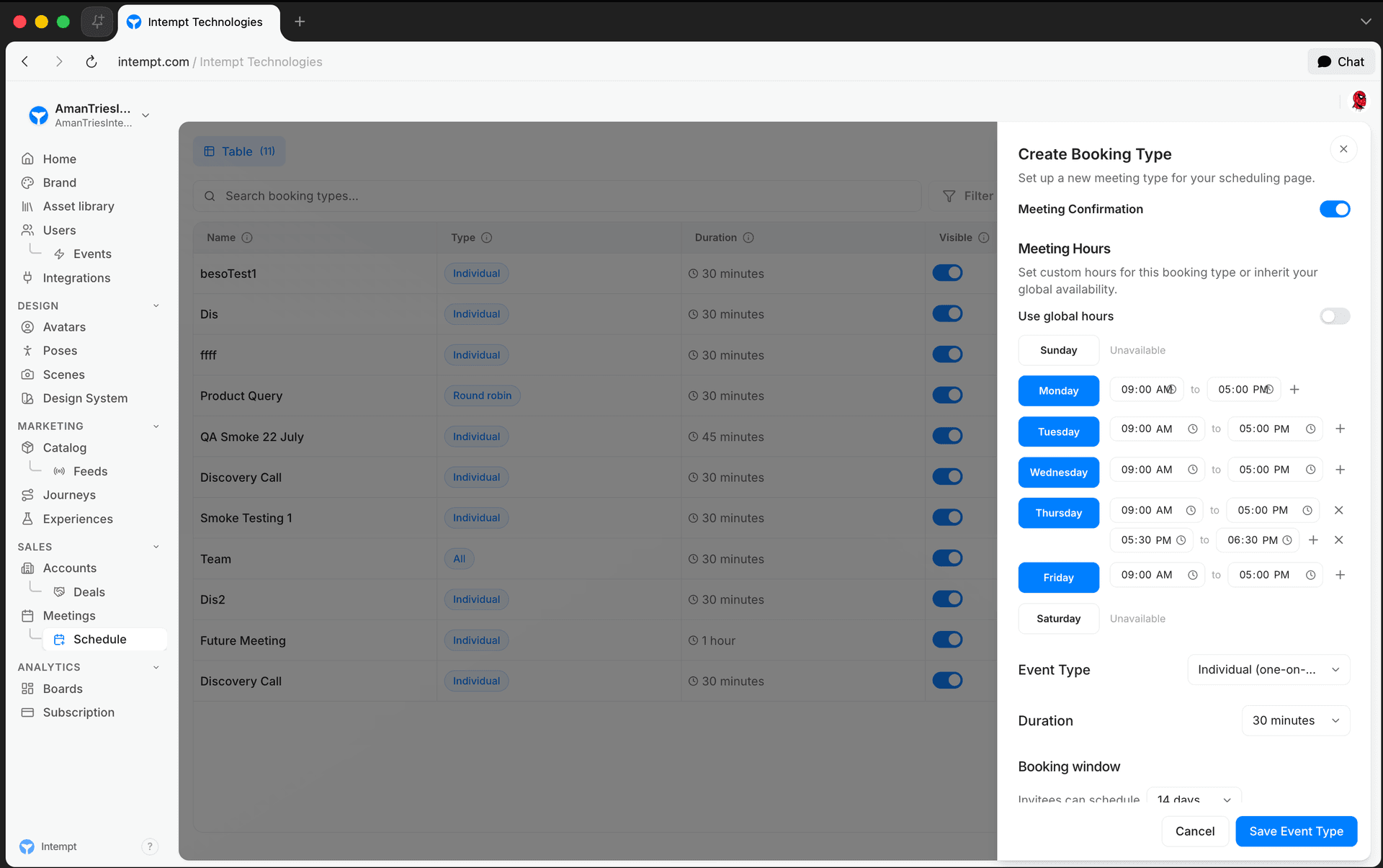 meeting hours weekly editor - setting up your booking page - Intempt documentation
