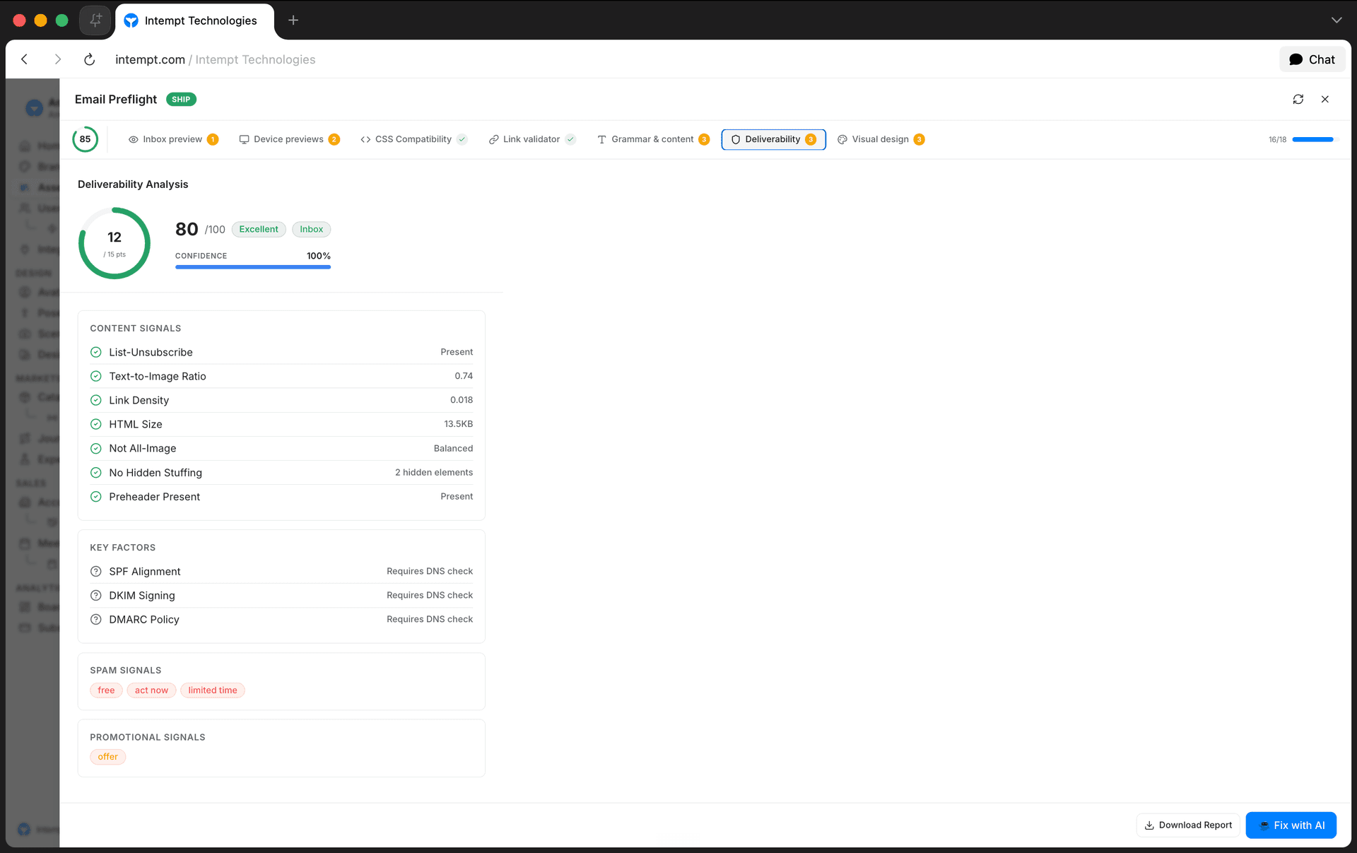 deliverability tab score signals tags - email deliverability guide - Intempt documentation