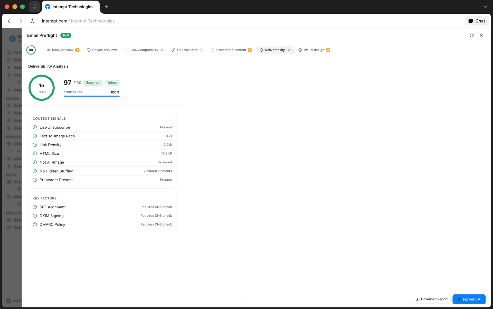 preflight tab bar deliverability selected - email deliverability guide - Intempt documentation