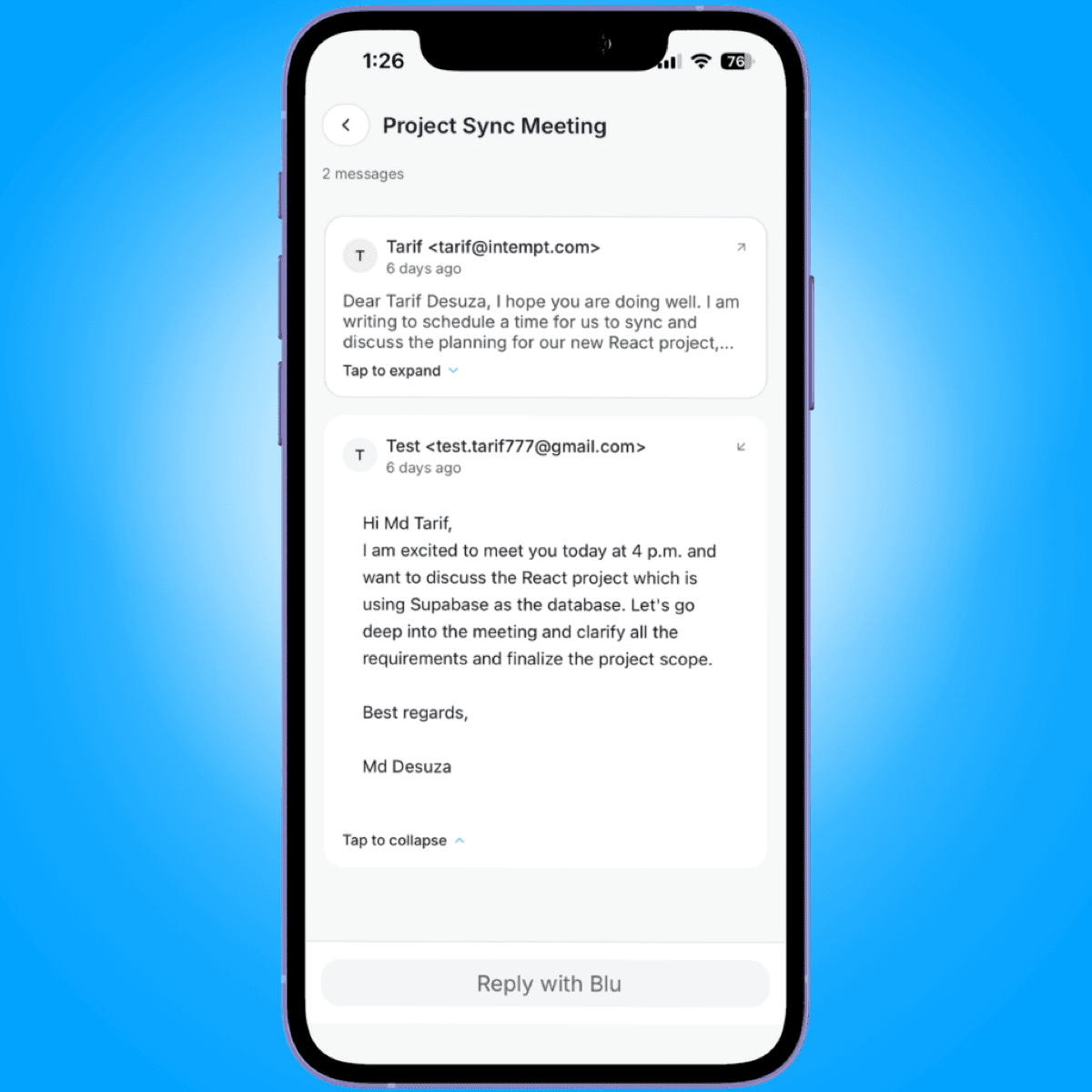 email thread message expanded - messages on mobile - Intempt documentation