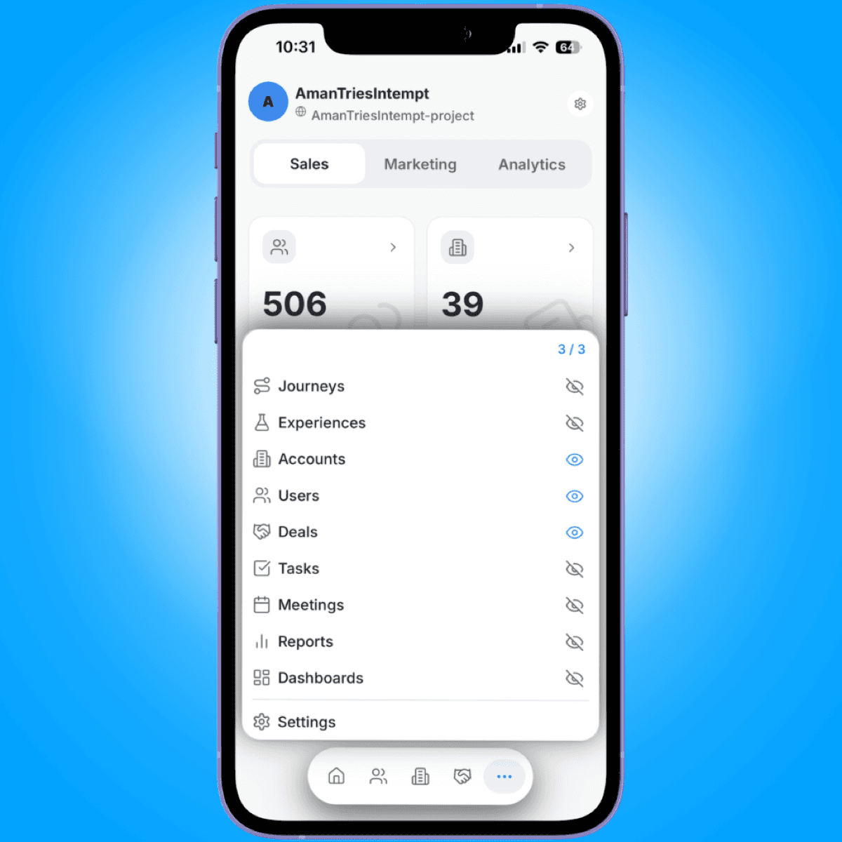 overflow menu 11 sections - mobile app overview - Intempt documentation