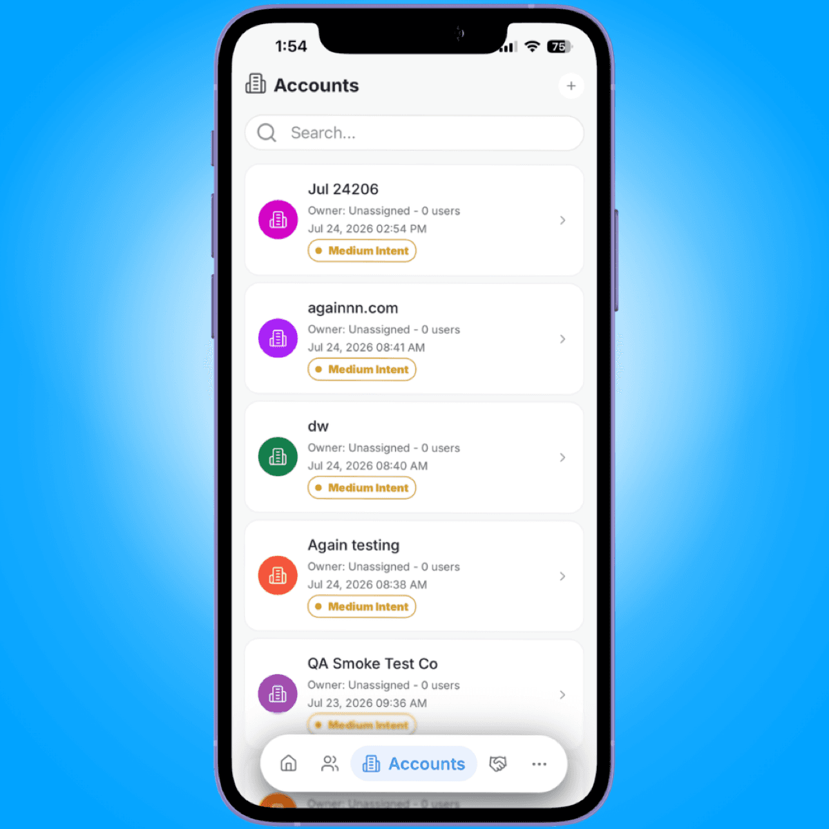 accounts list search add button - mobile sales workflow guide - Intempt documentation