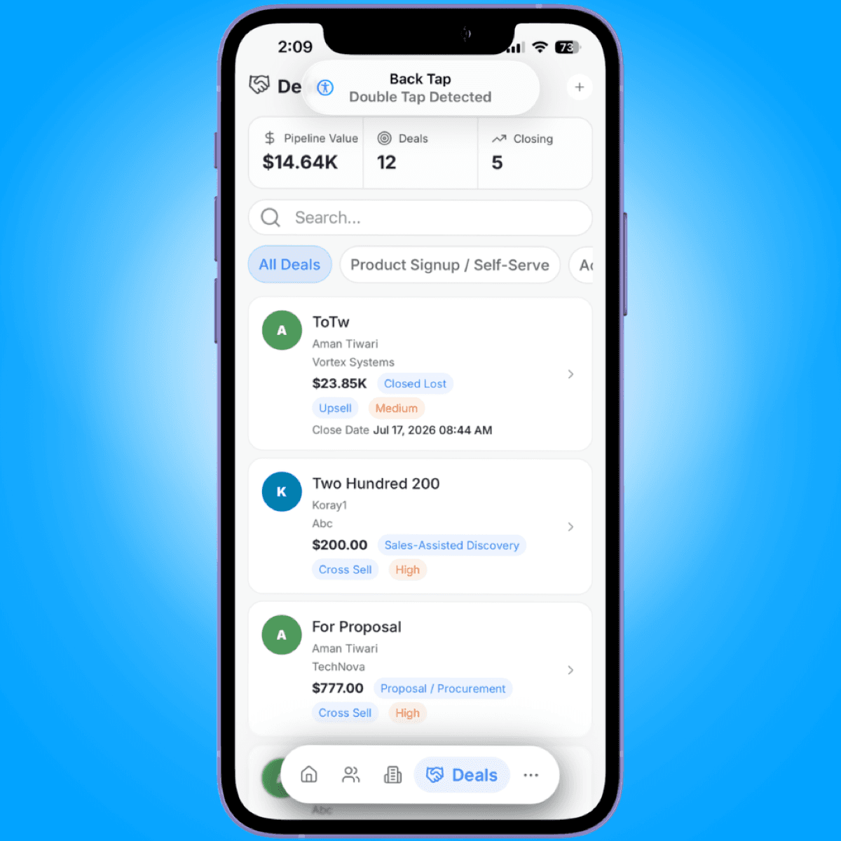 deals list pipeline summary stage pills - mobile sales workflow guide - Intempt documentation