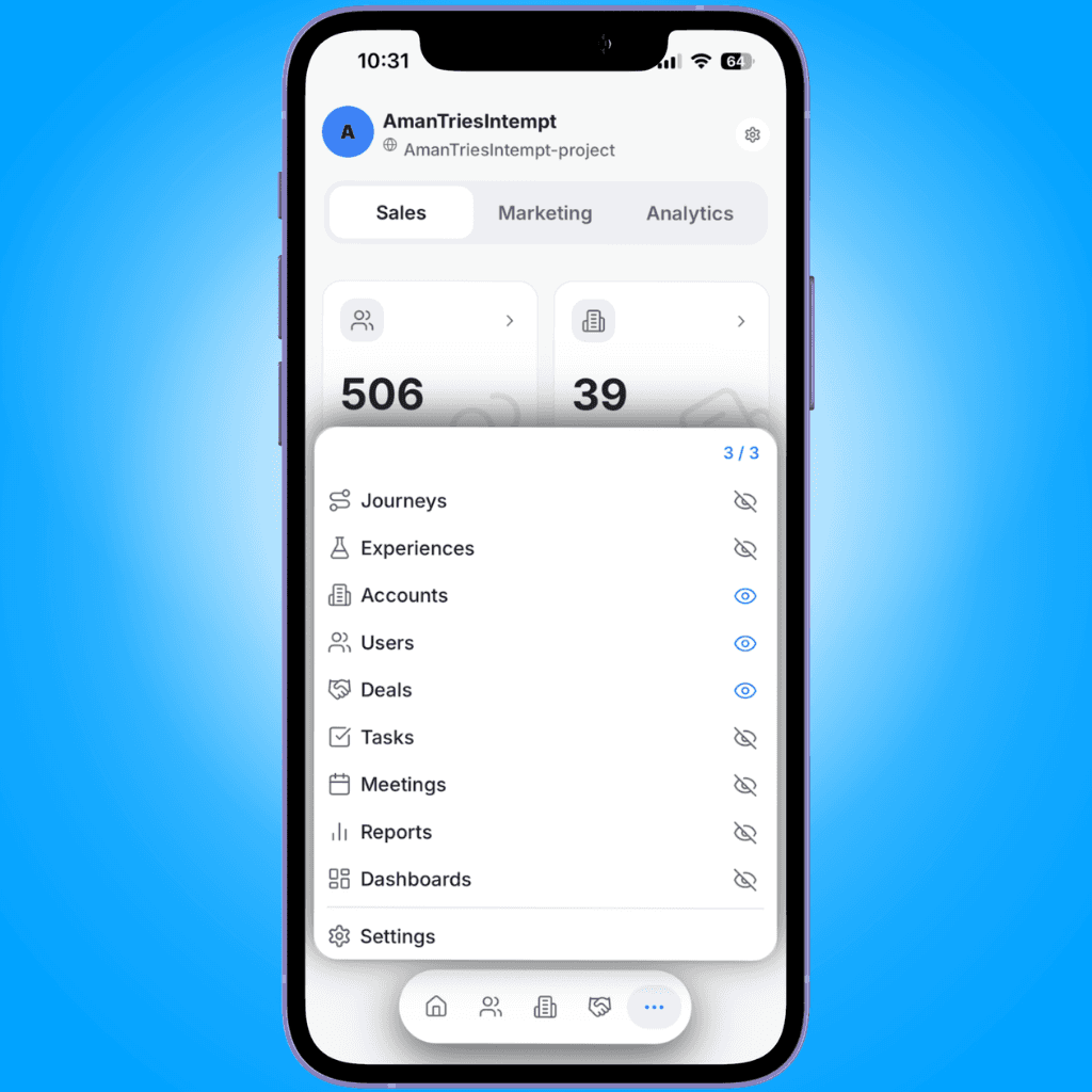 customize panel open - mobile settings and customization - Intempt documentation