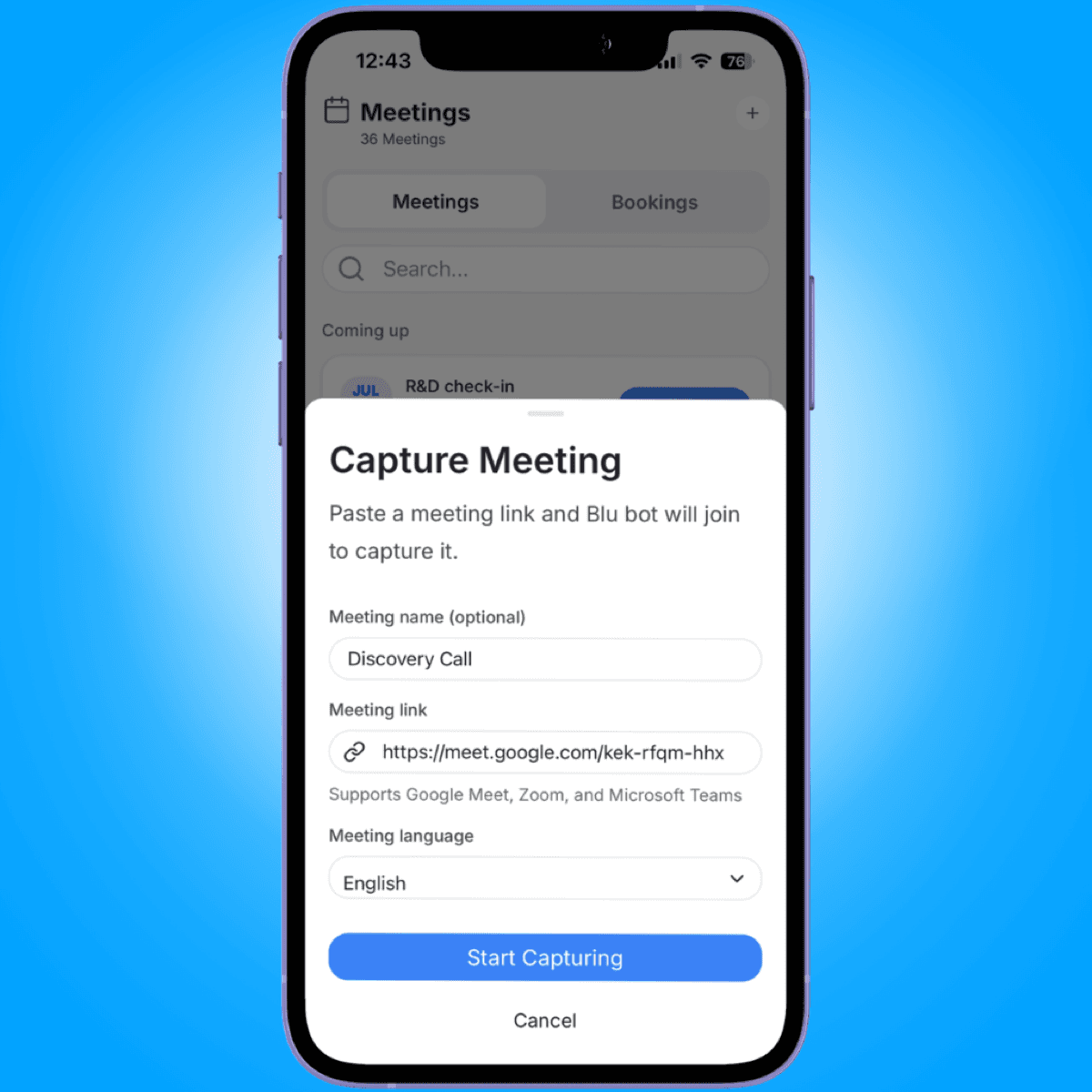 capture meeting sheet link pasted - recording meetings on mobile - Intempt documentation