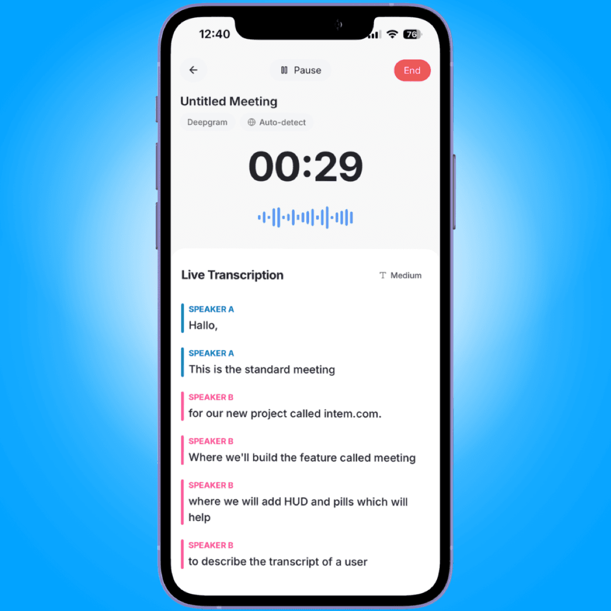 live recording waveform transcript controls - recording meetings on mobile - Intempt documentation