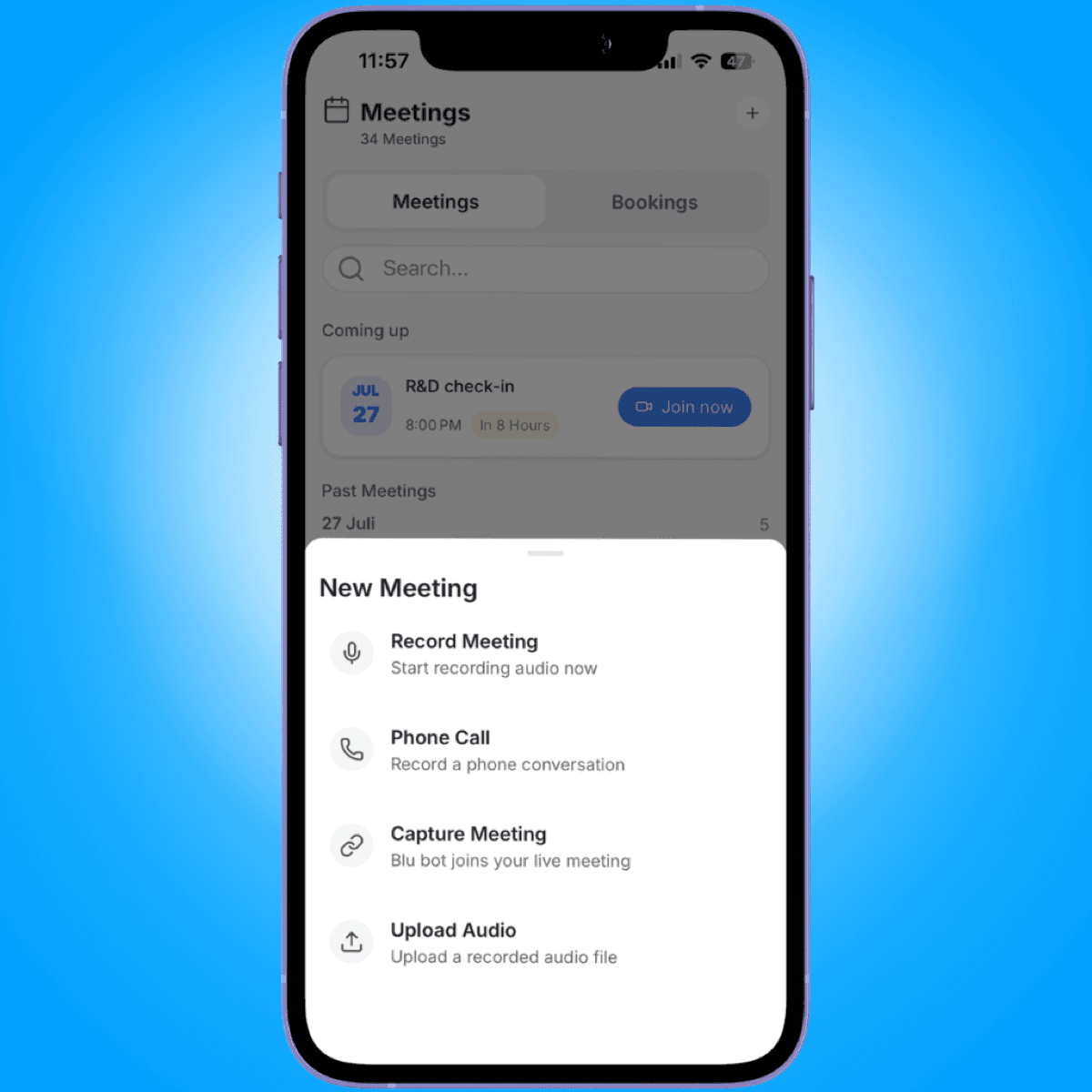 new meeting menu four options phone mockup 27072026 - recording meetings on mobile - Intempt documentation
