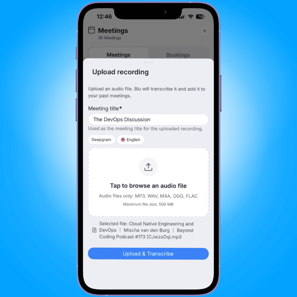 upload audio sheet file selected - recording meetings on mobile - Intempt documentation