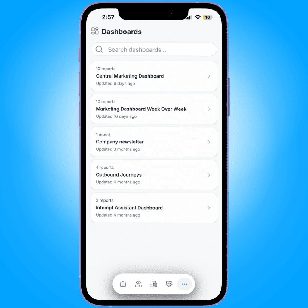 dashboards list 30072026 - viewing analytics and dashboards on mobile - Intempt documentation