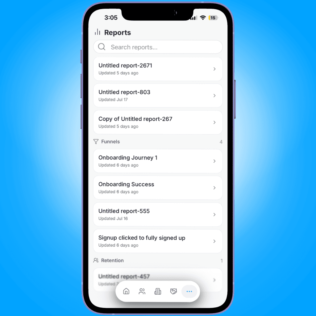 reports list grouped by type - viewing analytics and dashboards on mobile - Intempt documentation
