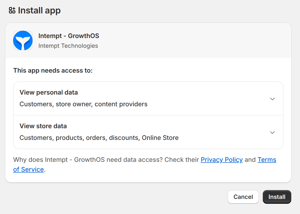 install button - shopify app - Intempt documentation